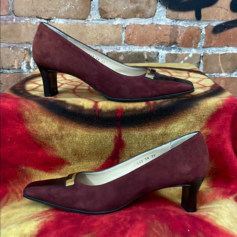BONWITT TELLER-burgundy Italian suede leather buckle slip-on mid heel shoes